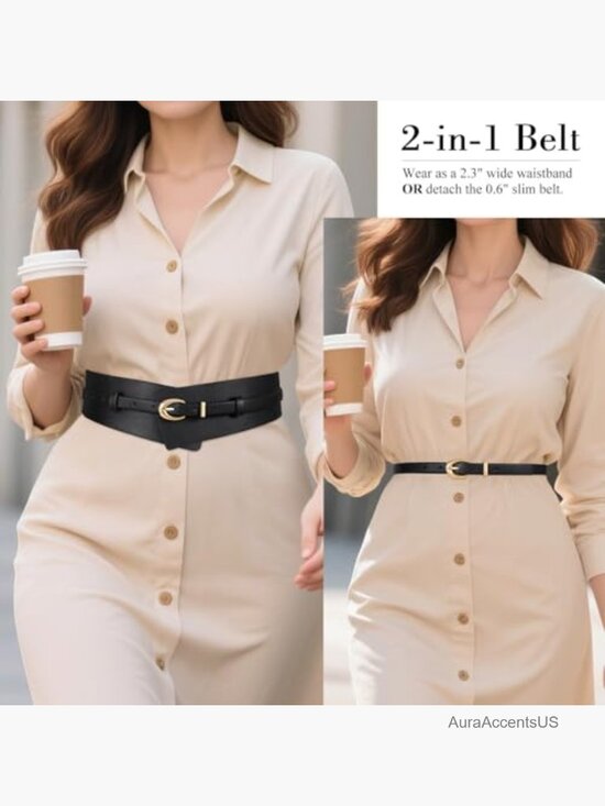 2-in-1 Wide Leather Belt with Detachable Skinny Belt for Dresses main image 7